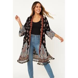 Umgee Smock Kimono Cotton Blend Tassel Hem Boho Festival Cardigan Size S/M